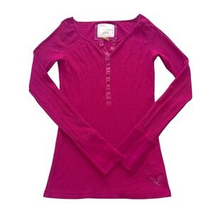 Vintage Y2K American Eagle Medium Waffle Knit Henley Top Fuchsia Pink Fitted